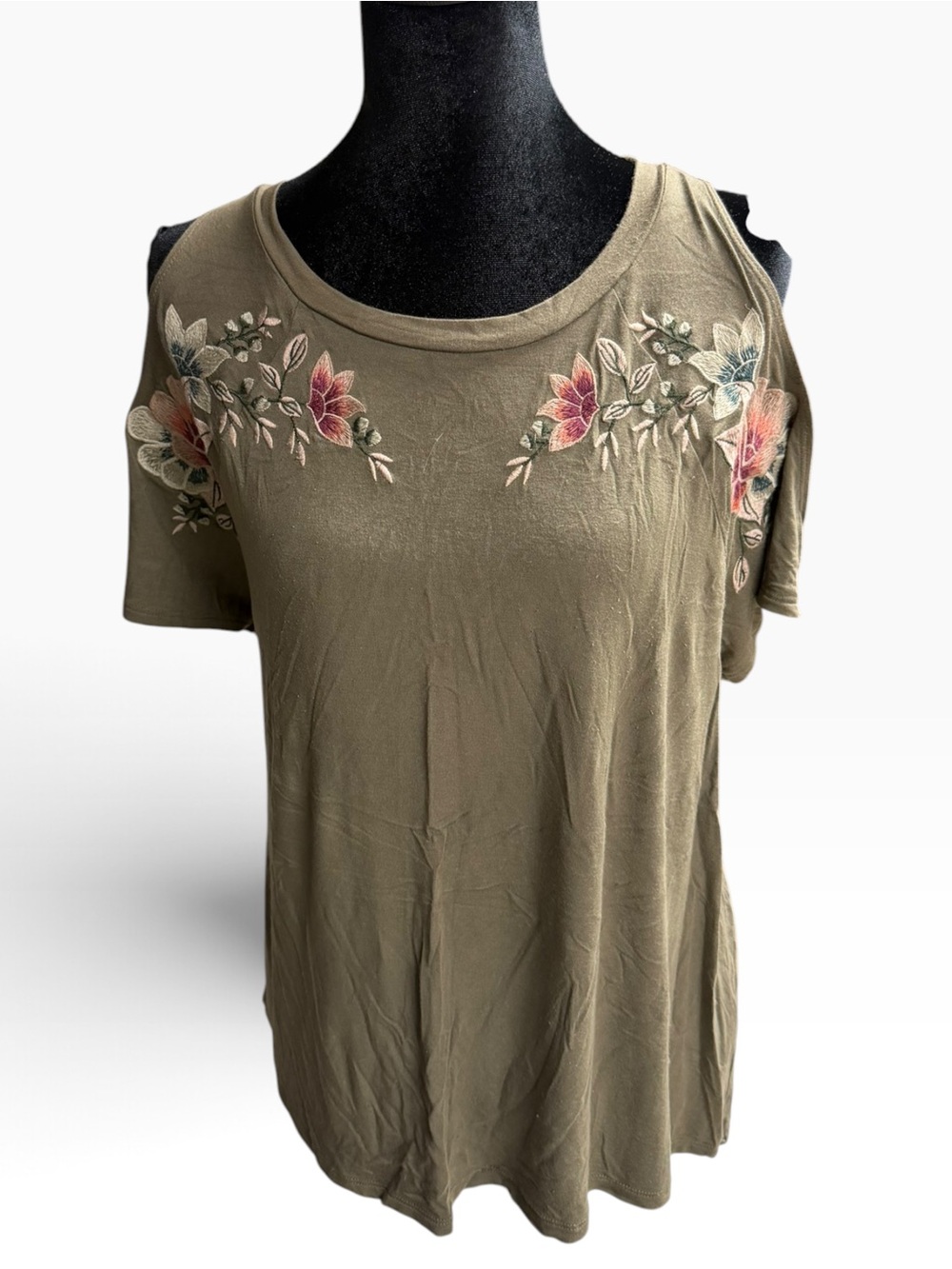 AE Women's Olive Cold-Shoulder Floral Embroidered Top